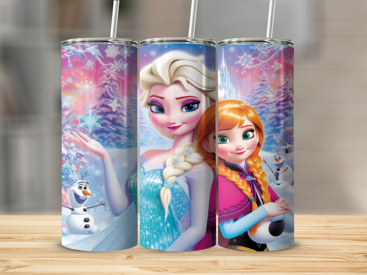 Elsa and Anna from Frozen with Olaf, surrounded by snow and colorful lights.