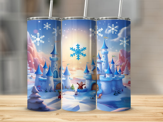 Blue castle with snow, trees, and snowflakes on a tumbler.