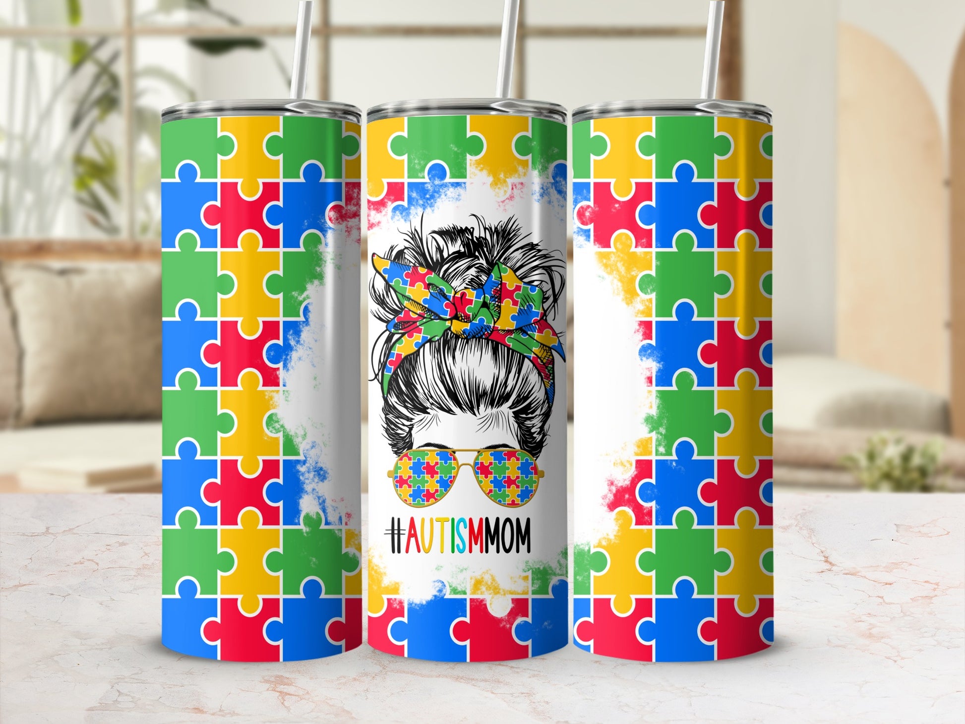 Autism mom tumbler with puzzle piece sunglasses and colorful bandana.