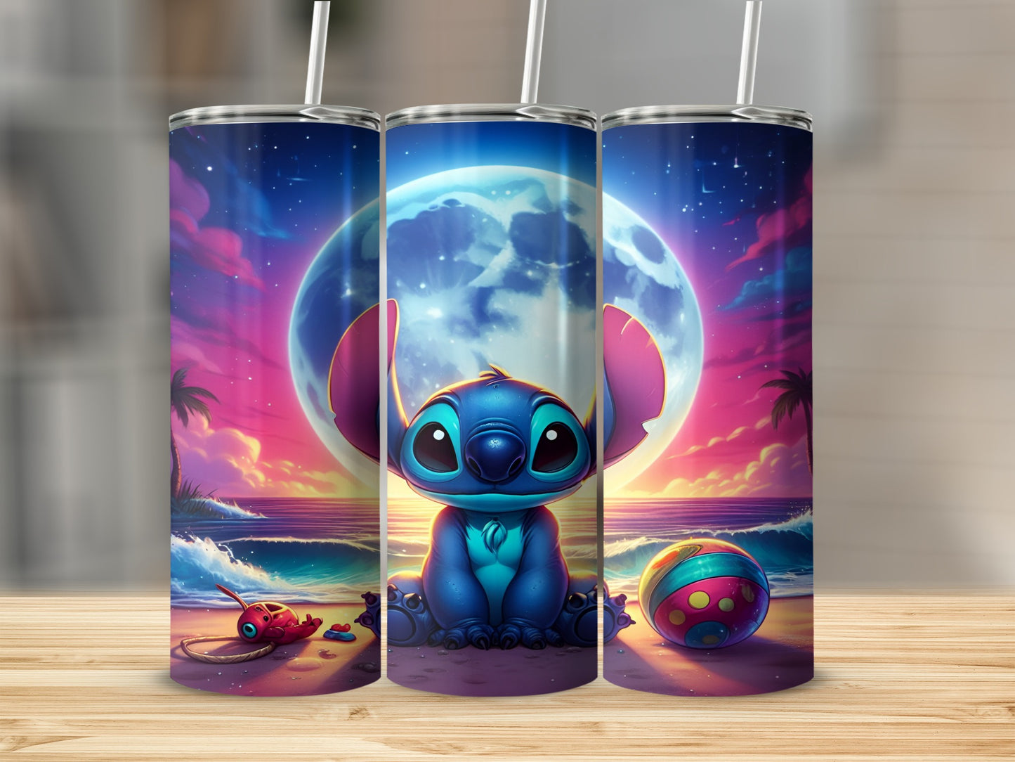 Stitch sitting on a beach with a large moon and colorful beach ball.