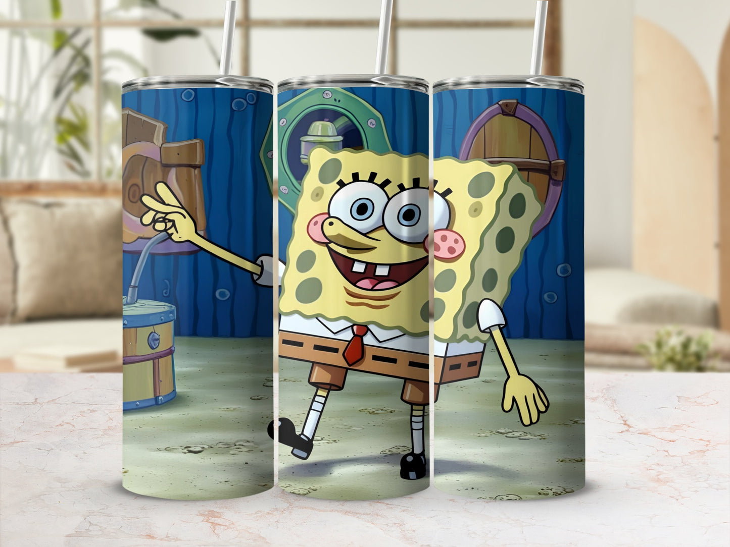SpongeBob SquarePants character on a tumbler with a light blue background.
