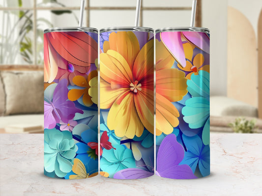 Three tumblers with a vibrant floral and butterfly pattern.