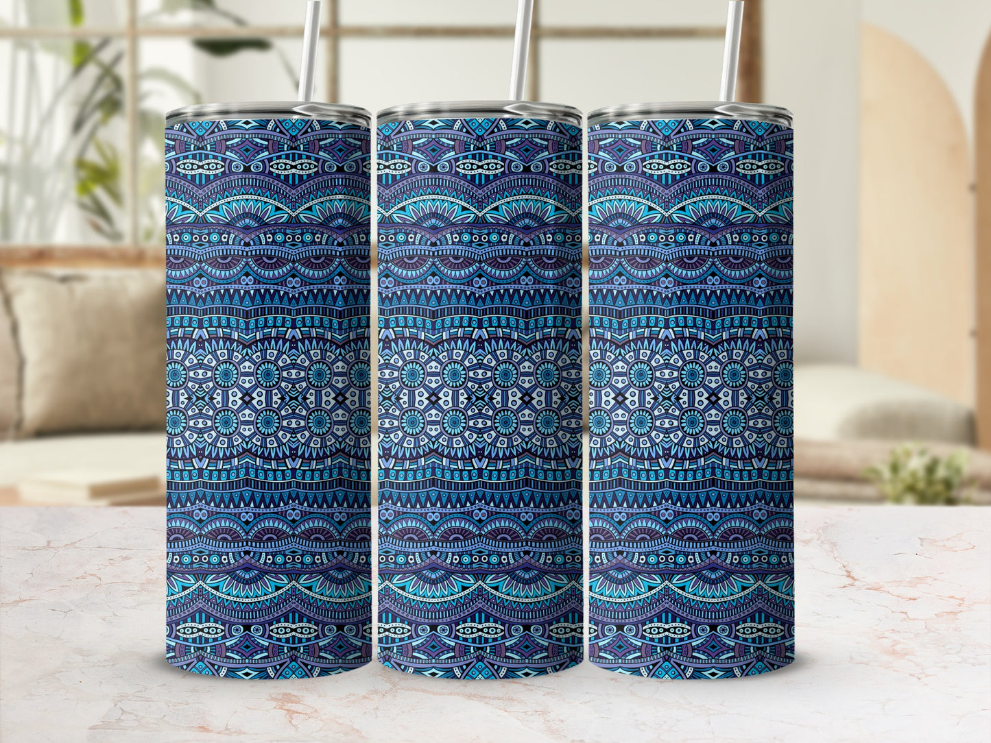 Blue Geometric Pattern on Reusable Drinkware Product