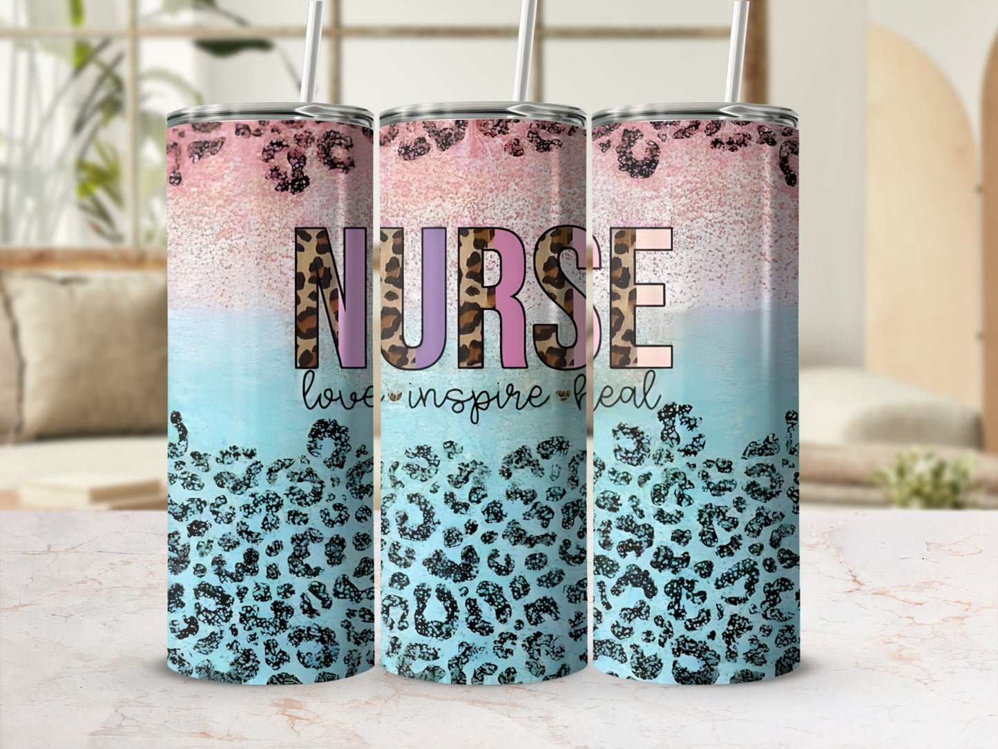 Tumbler with "Nurse love inspire heal" text and leopard print.