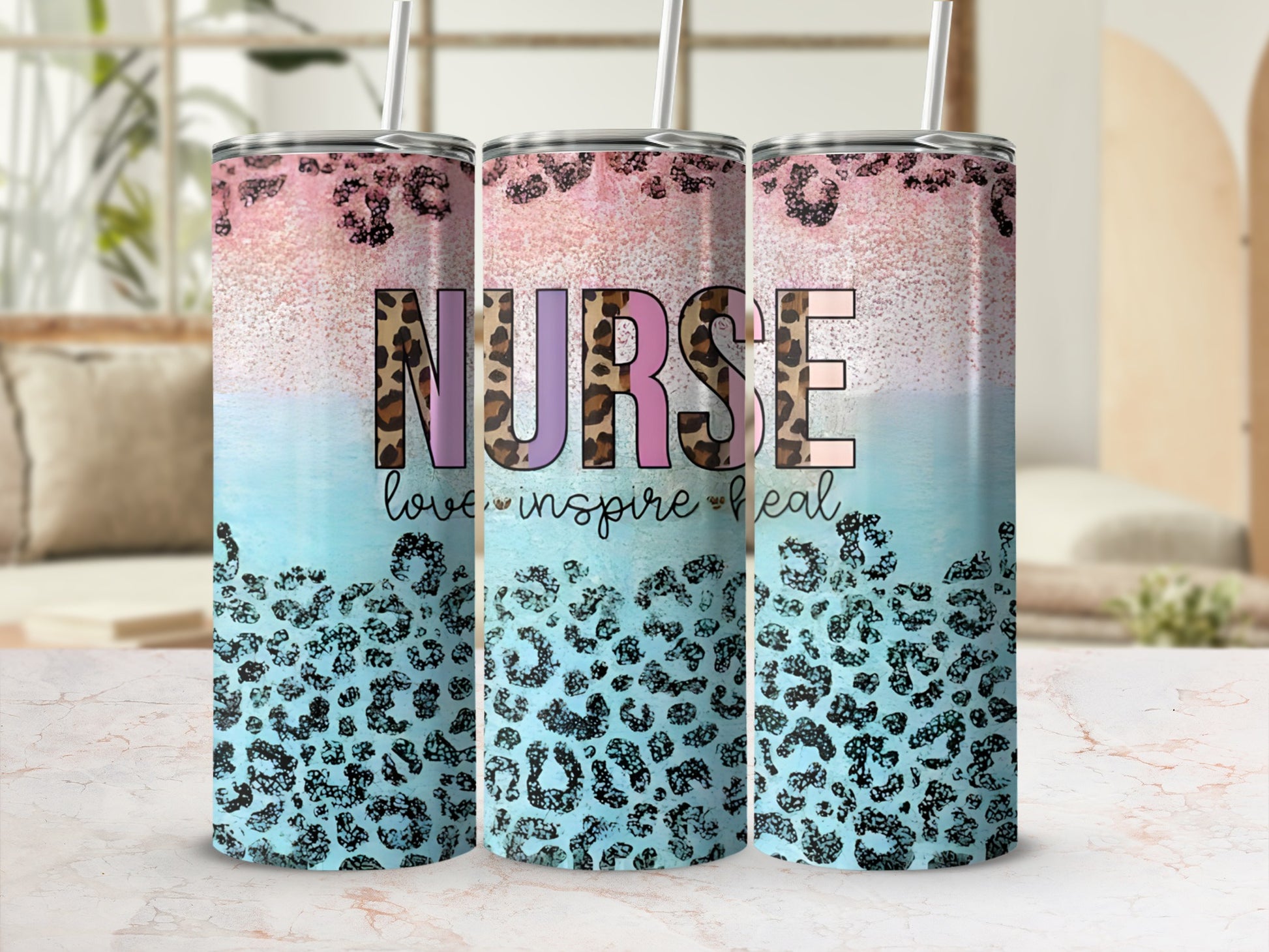 Tumbler with "Nurse love inspire heal" text and leopard print.