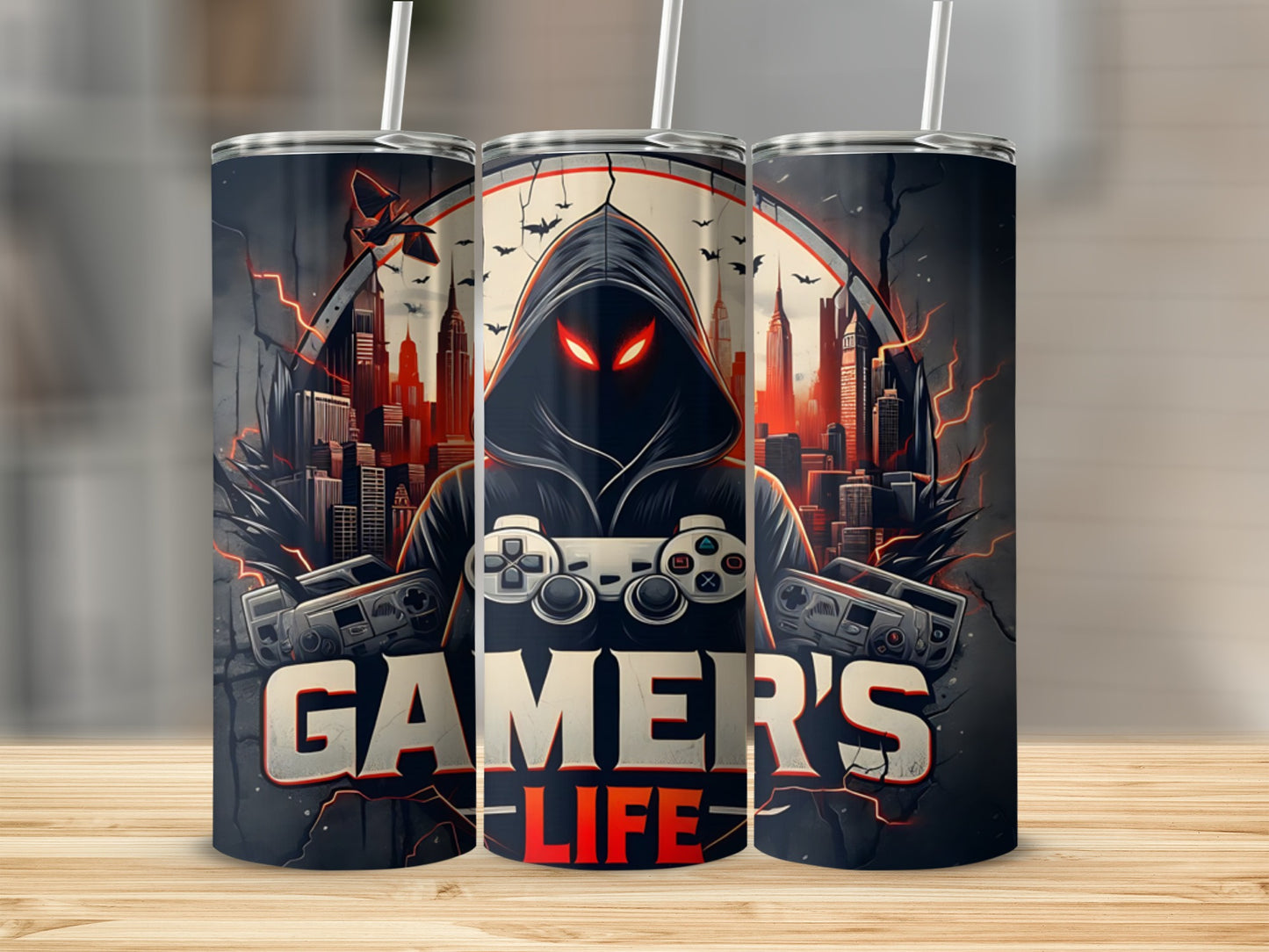 Gamer life tumbler with hooded figure holding a video game controller.