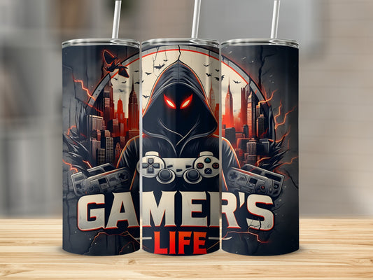 Gamer life tumbler with hooded figure holding a video game controller.