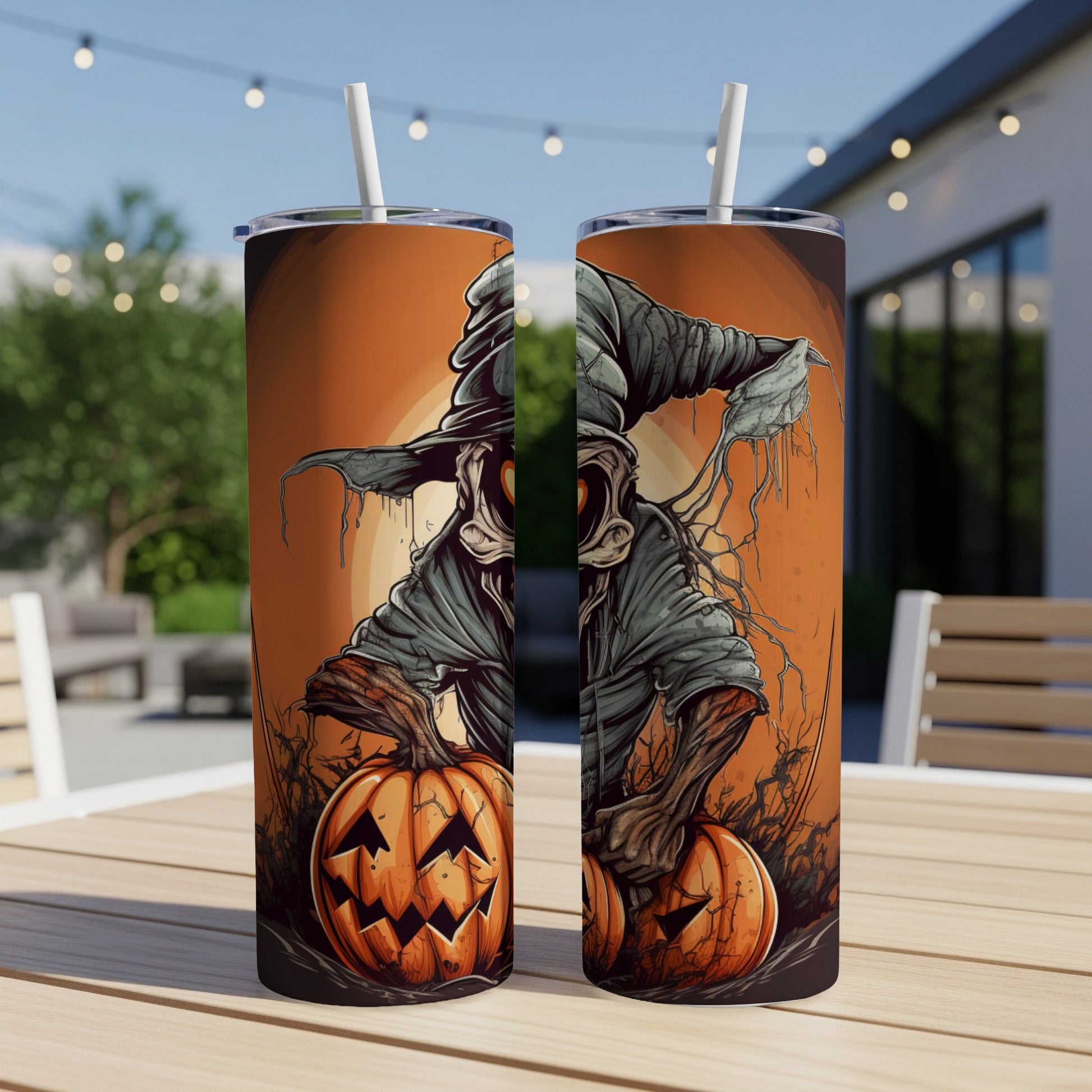 Two tumblers featuring a spooky scarecrow and pumpkins on an orange background.