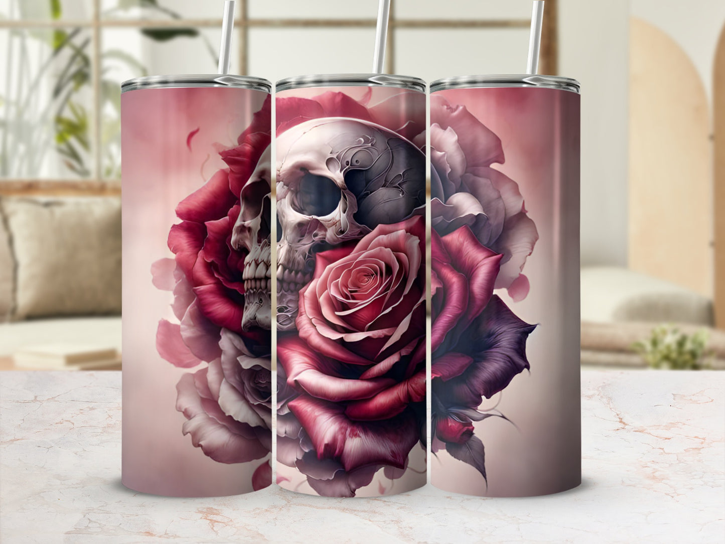 Tumbler with skull and dark red roses against a light pink background.