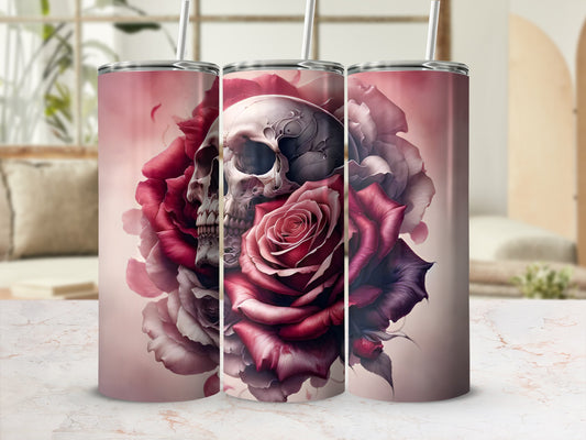 Tumbler with skull and dark red roses against a light pink background.