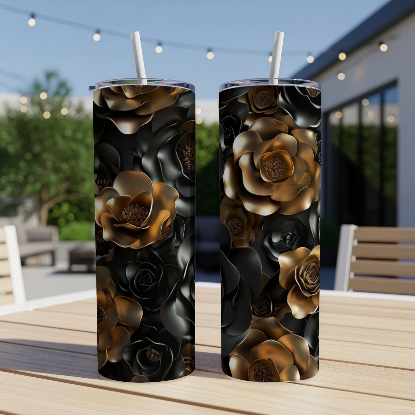 Two tumblers with a black and gold rose floral pattern.
