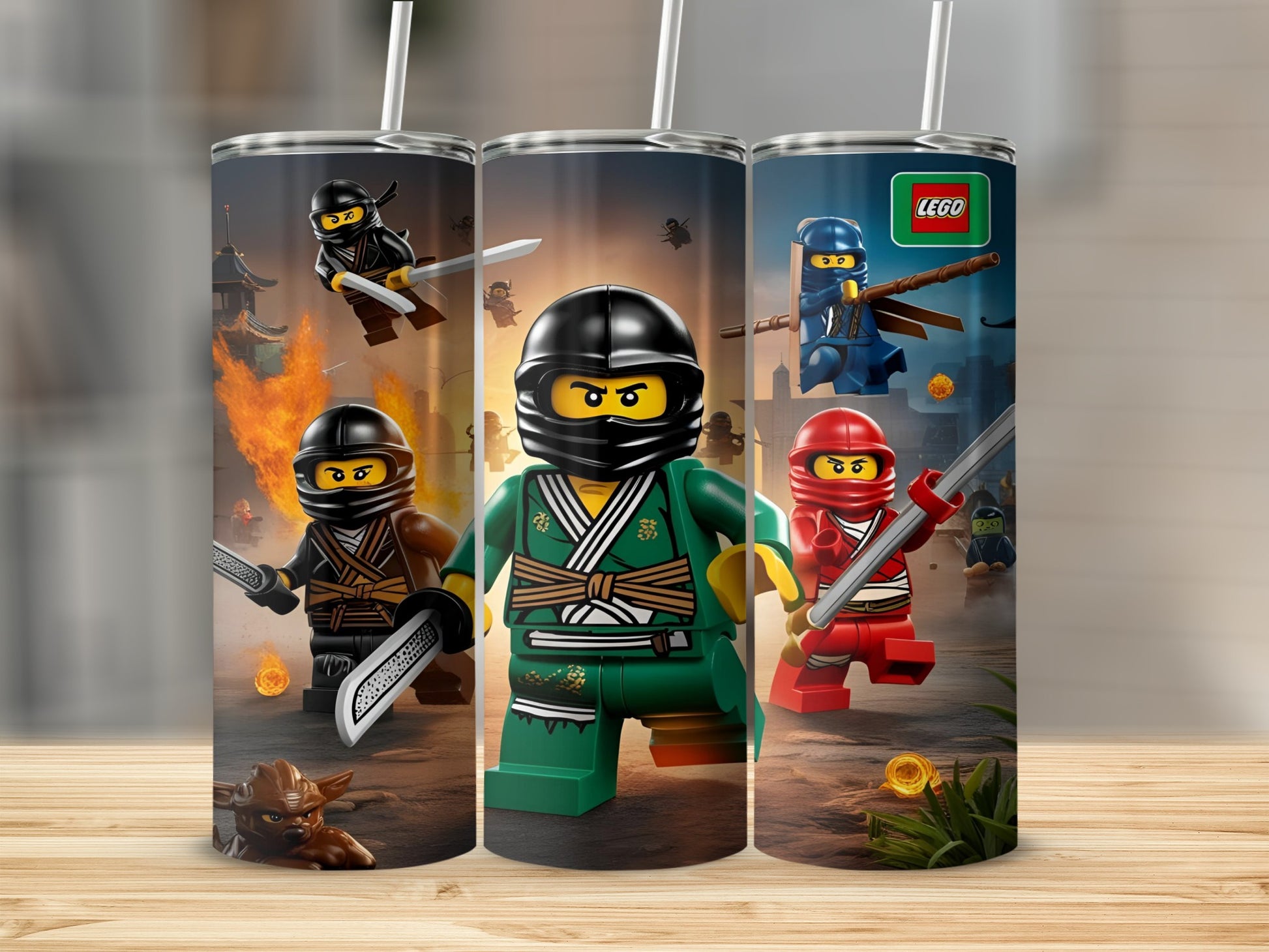 Three Lego Ninjago characters in action poses with swords and nunchucks.