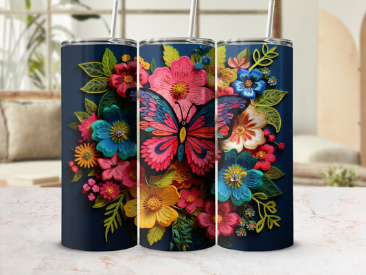 Navy tumbler with a colorful floral butterfly design.