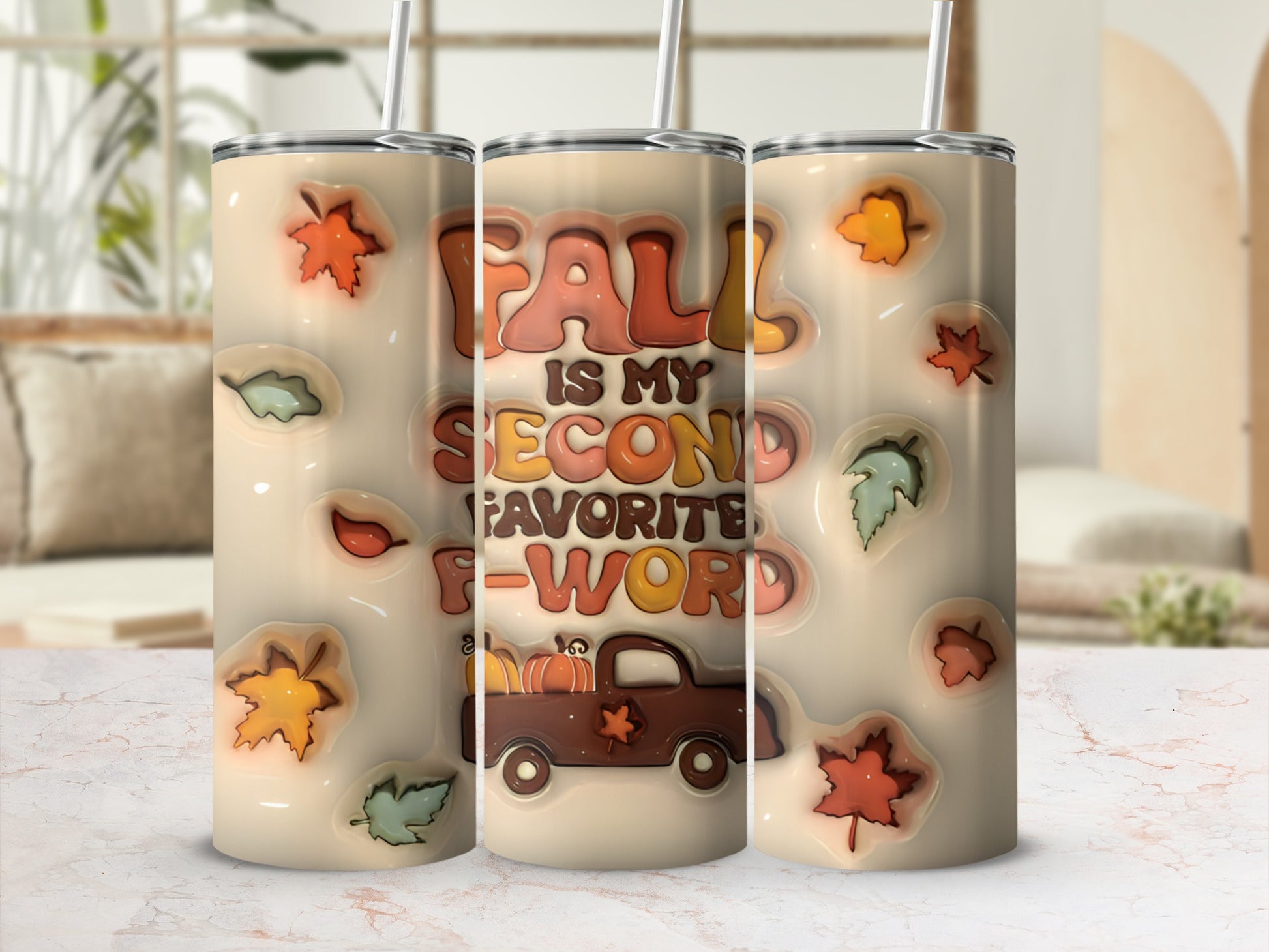Fall is my second favorite word tumbler with pumpkins and falling leaves.