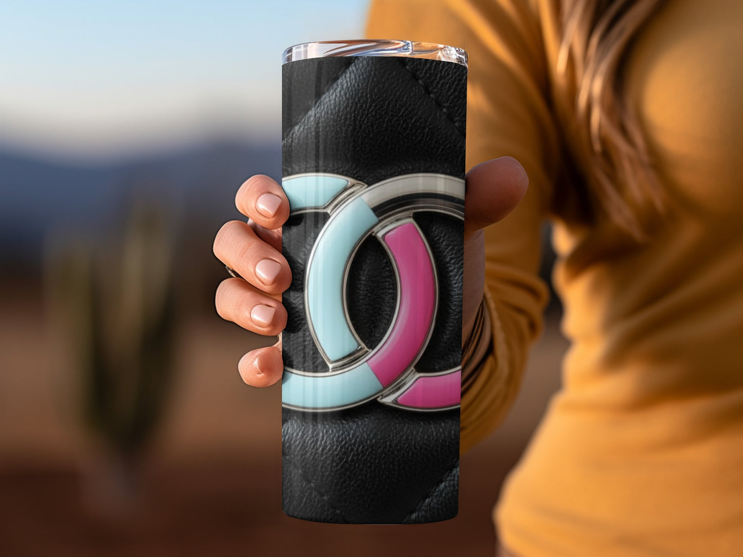 Double C Logo in Aqua Pink Pattern Tumbler