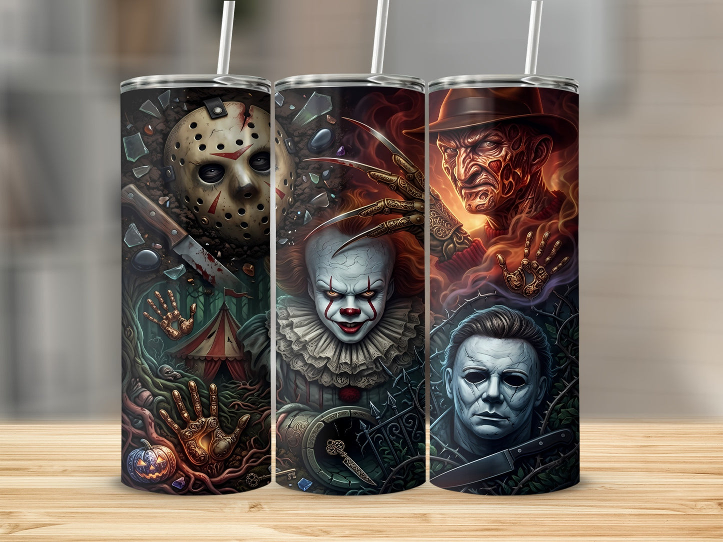 Three tumblers feature horror villains: Jason Voorhees, Pennywise, Freddy Krueger, and Michael Myers.