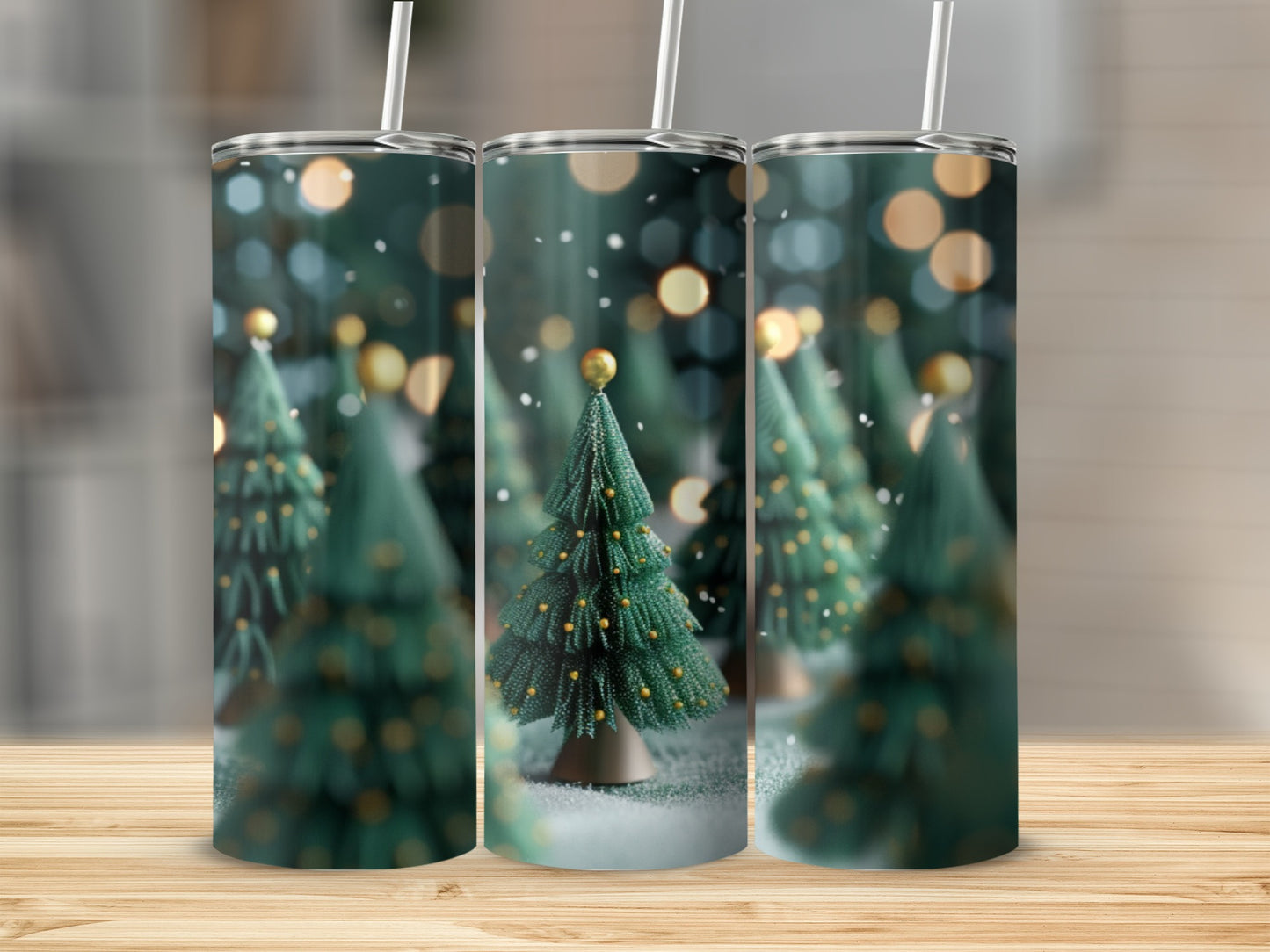 Three tumblers with a blurred festive Christmas tree forest background.