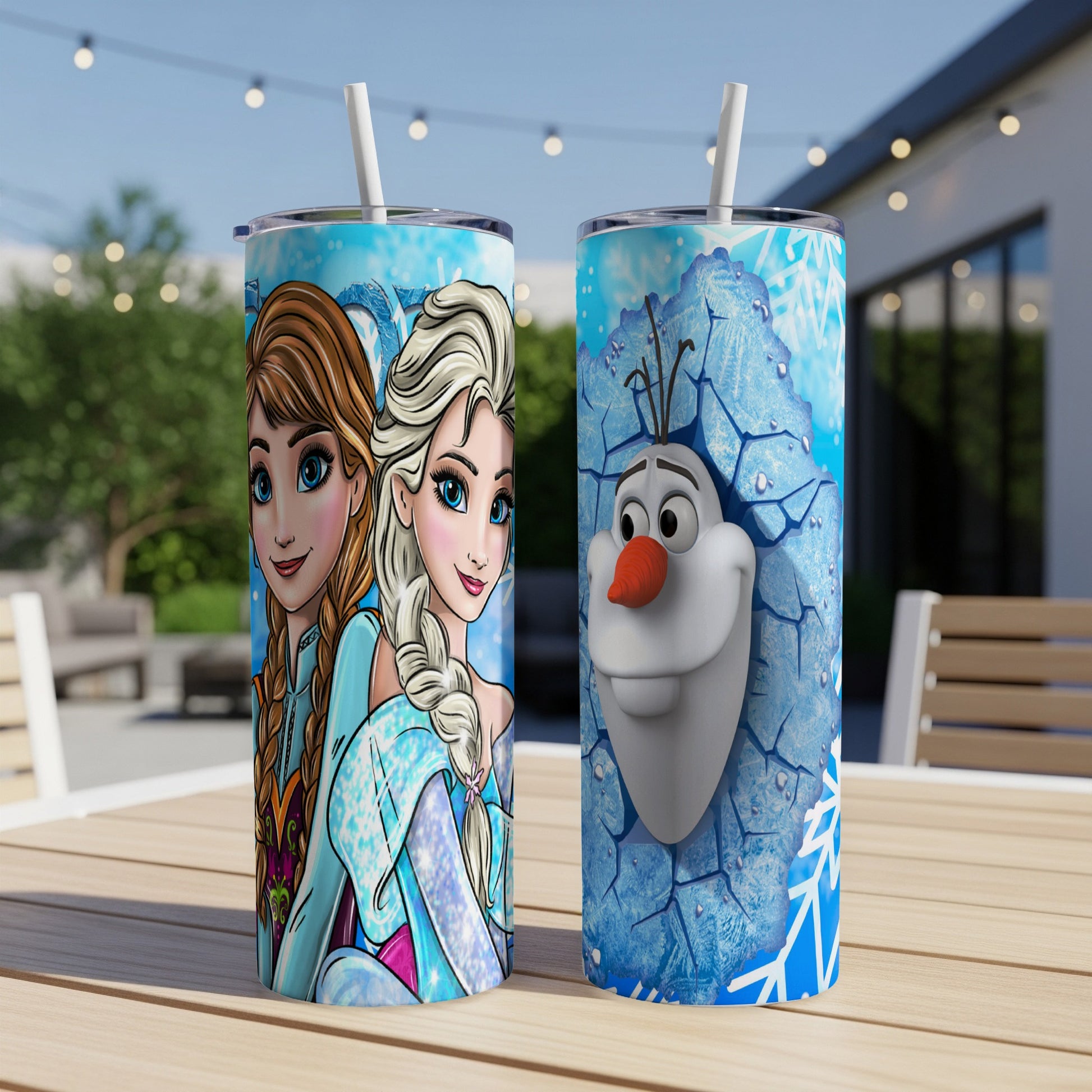 Two tumblers with Disney's Anna and Elsa, and Olaf.