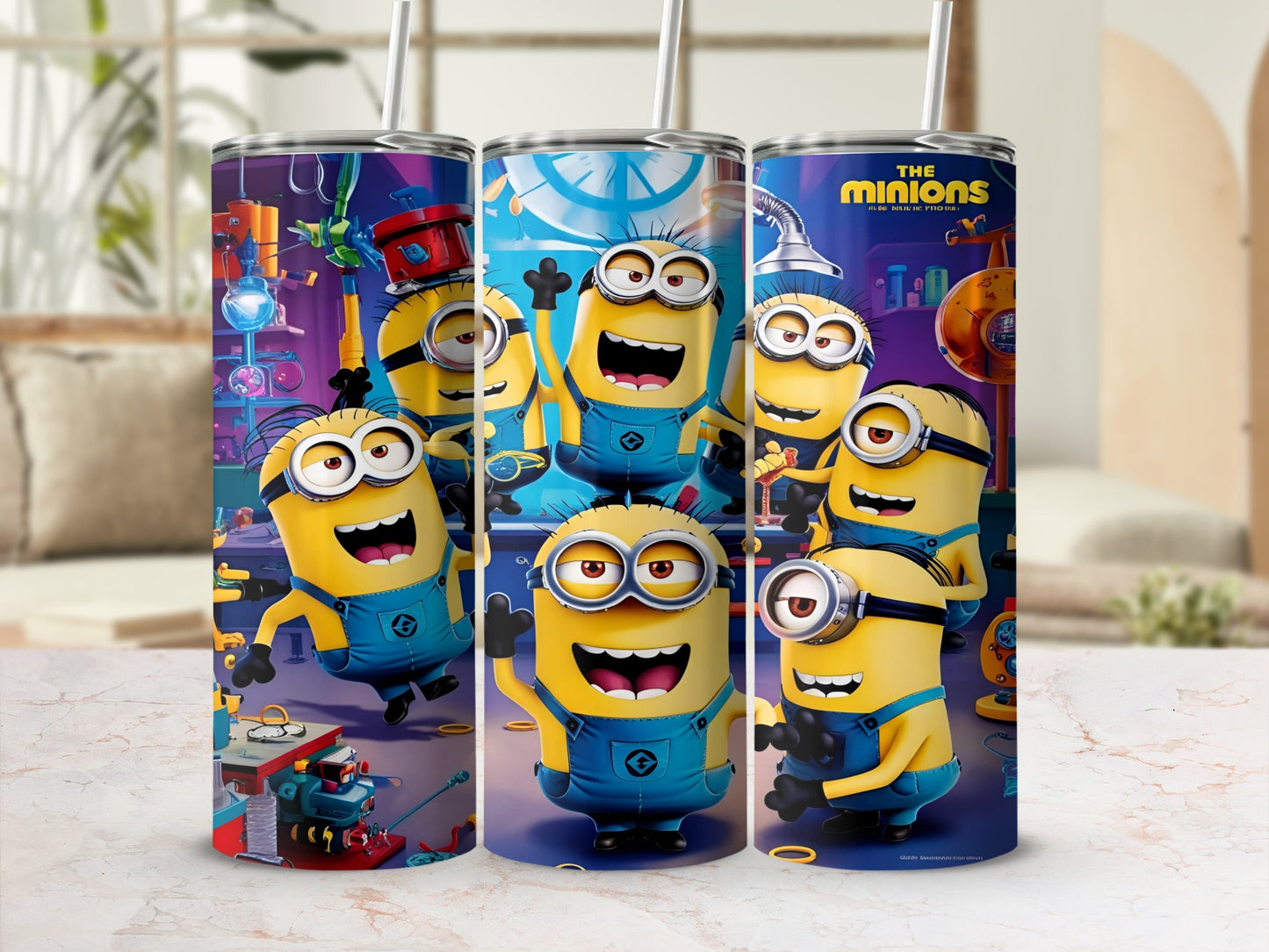 Minions characters on a tumbler with blue overalls and goggles.