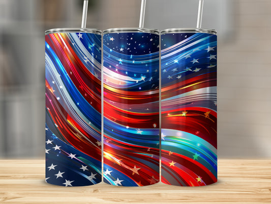 Three tumblers with patriotic red, white, and blue star and stripe design.