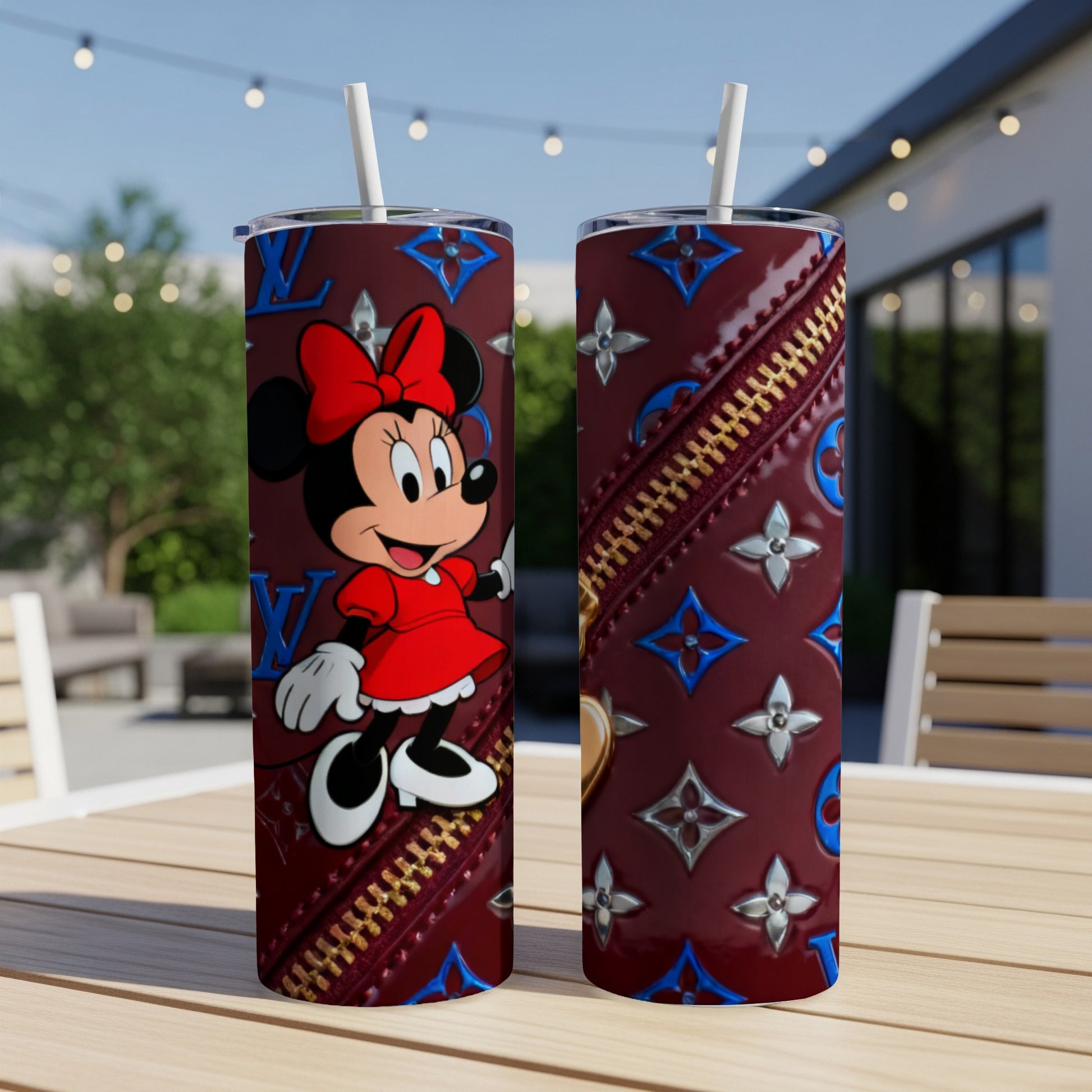 Minnie Mouse on a burgundy tumbler with a zipper and LV-style pattern.