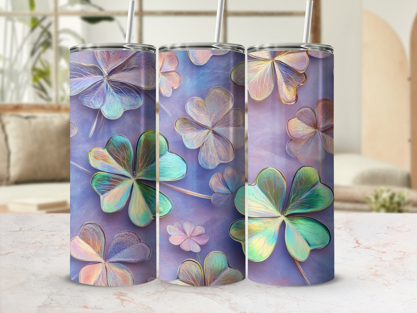 Three iridescent clovers on a purple textured background, with straws.