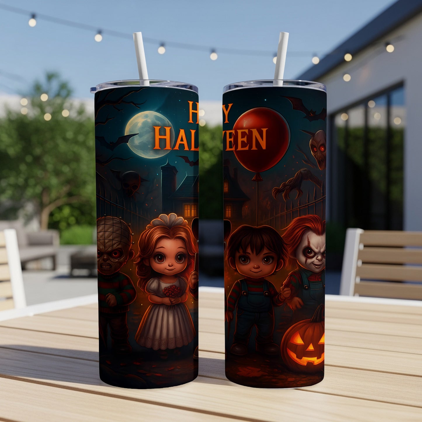 Two tumblers feature chibi horror characters and "Happy Halloween" text.