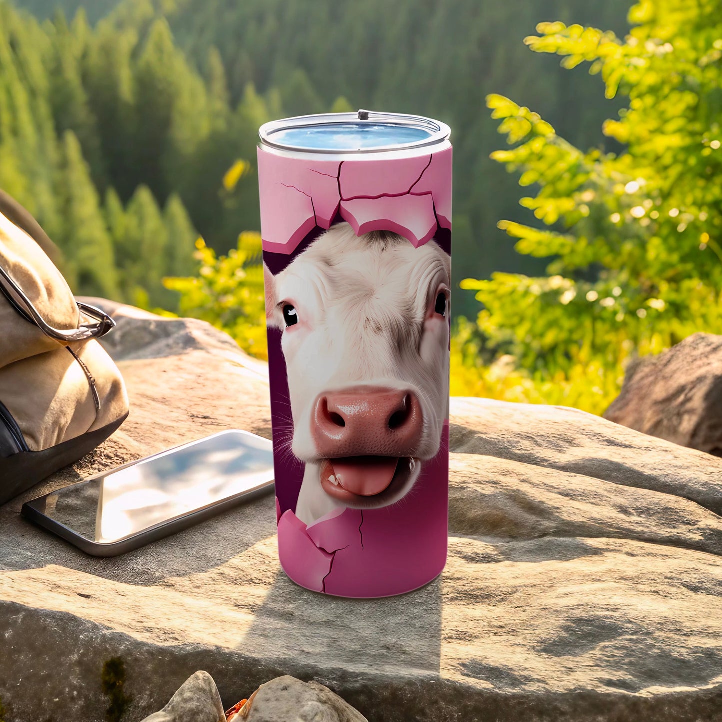 Happy Cow Face Pink Cracked Pattern Travel Tumbler product type
Cow tumbler
Funny cow
Animal print
Farm animal
Pink tumbler
Cracked design
Cute cow
Travel mug
Drinkware
Novelty tumbler
Unique design
White cow
Gift idea
Outdoor tumbler
Nature theme
Forest background
Playful design
Tumbler cup
Broken pattern
Tongue out cow