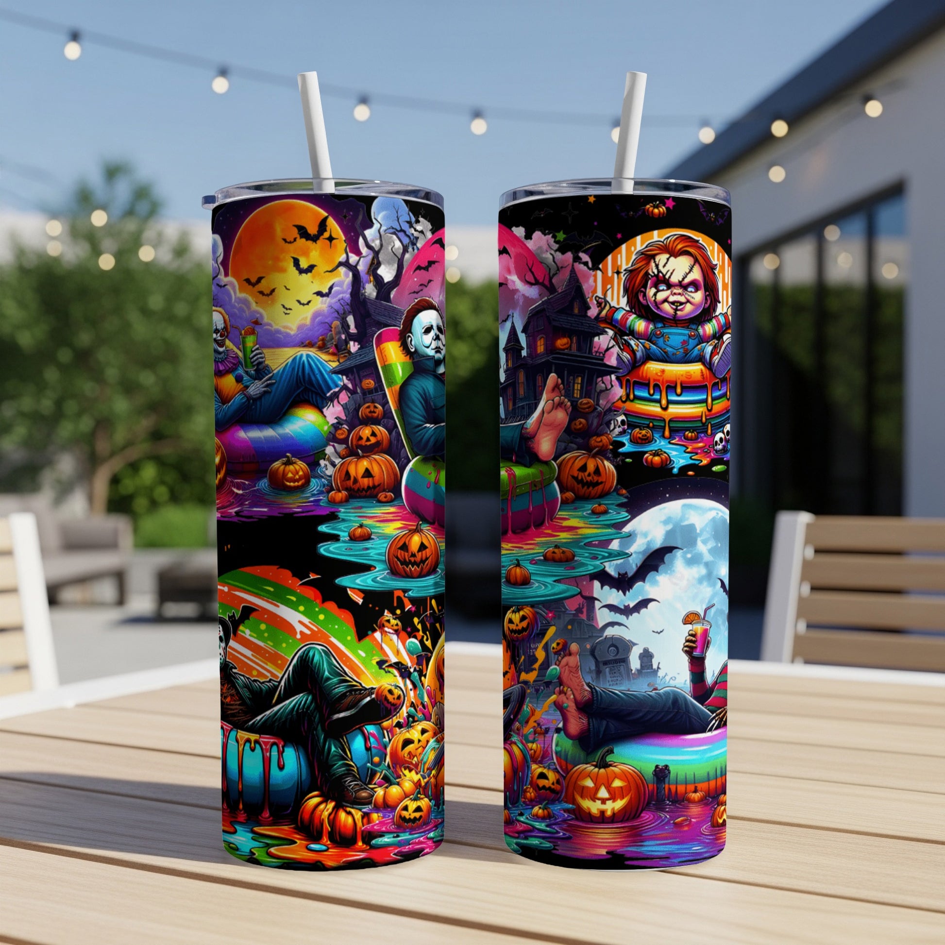 Two Halloween-themed tumblers with Chucky and Michael Myers on a rainbow background.
