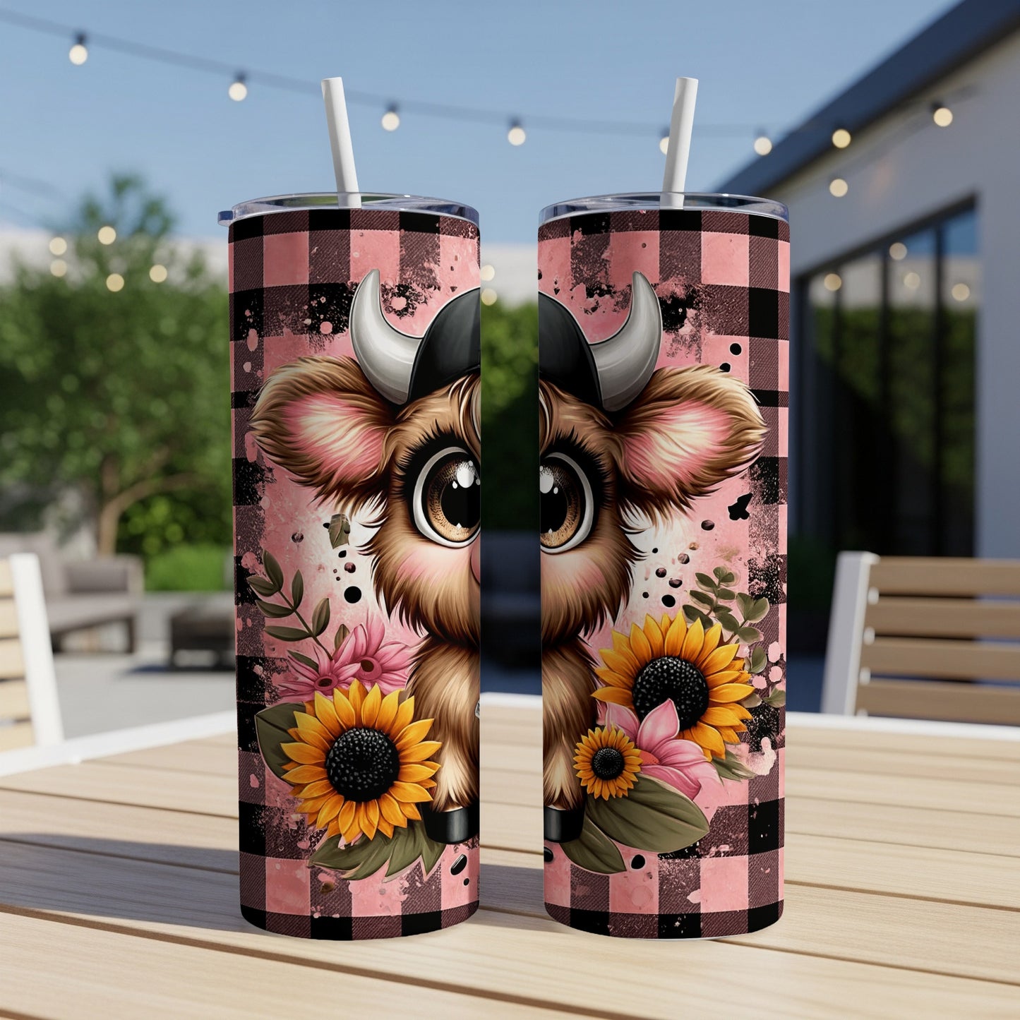 Cute cow with sunflowers on pink buffalo plaid tumbler.