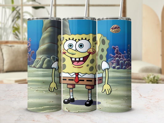 SpongeBob SquarePants tumbler with coral reef background.