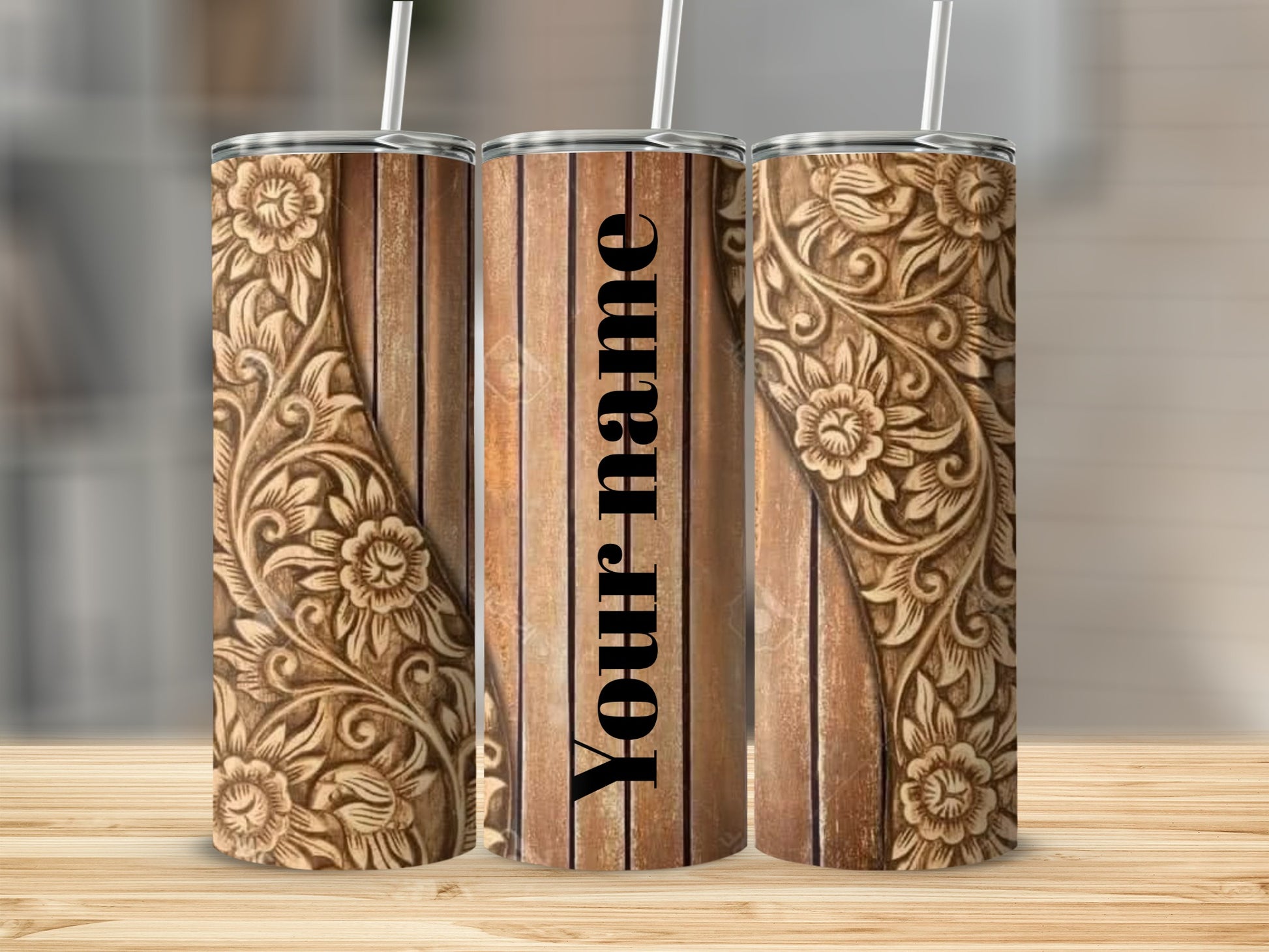 Personalized Engraved Wooden Floral Design Tumbler