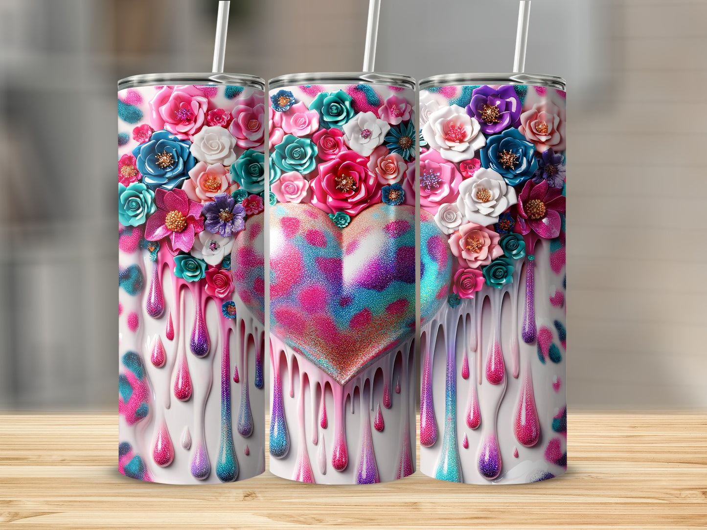 Heart Roses Drip Colorful Pattern Lovely Gift Tumblers