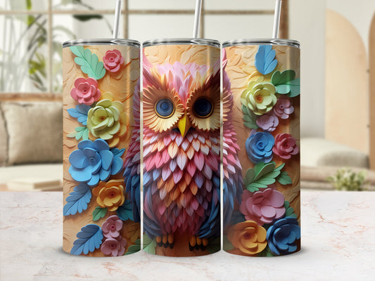 Owl illustration with floral accents on a set of three tumblers.