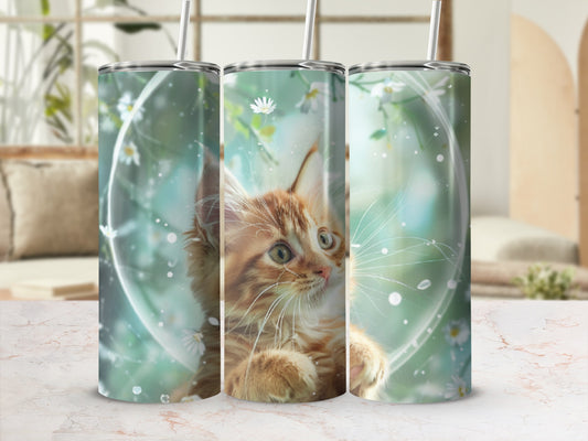 Orange tabby kitten with floral accents on a tumbler.