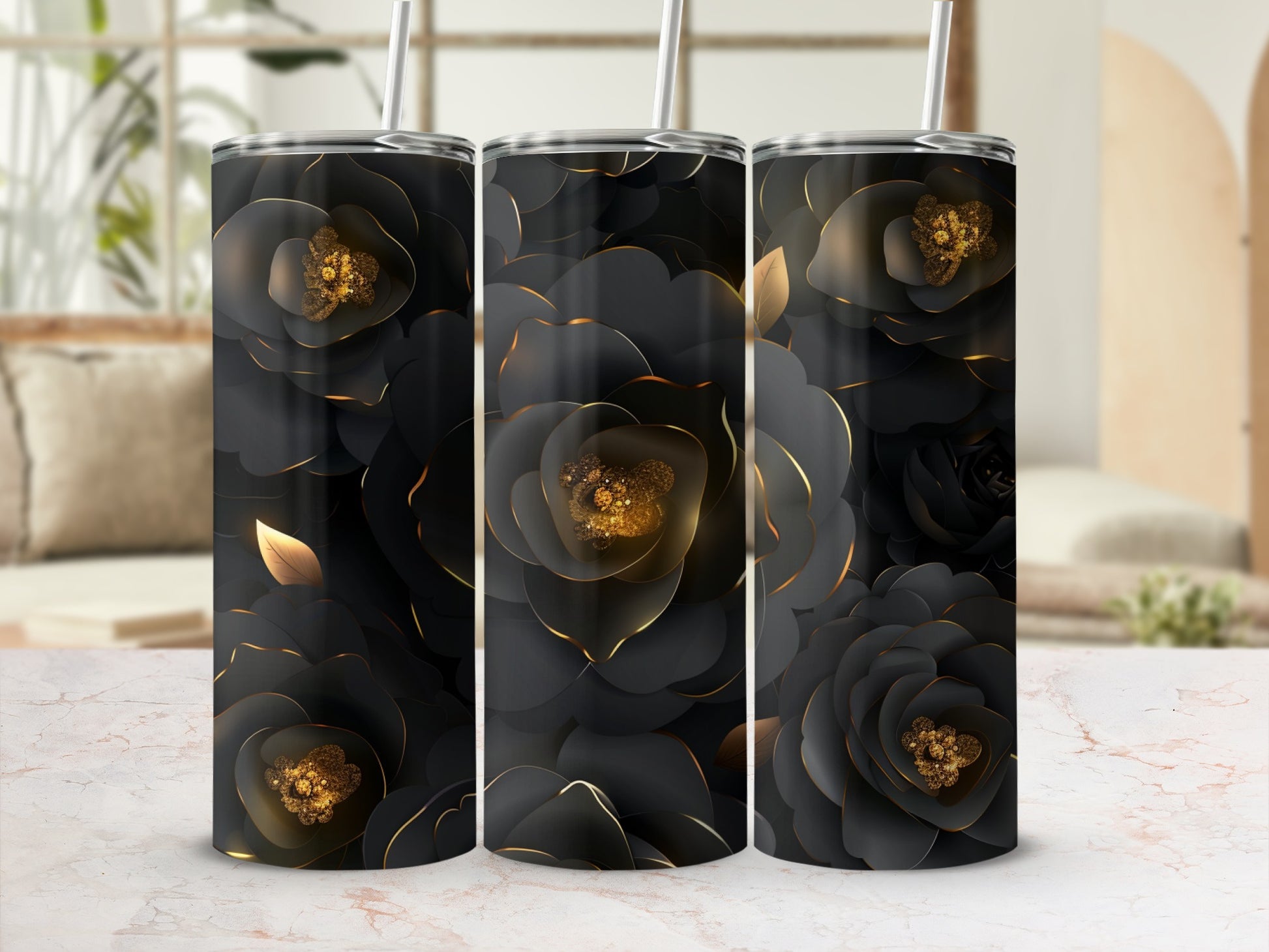 Three black floral tumblers with gold accents, arranged side-by-side.