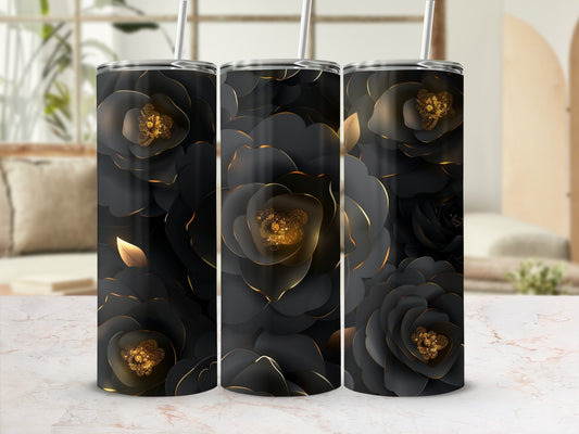Three black floral tumblers with gold accents, arranged side-by-side.