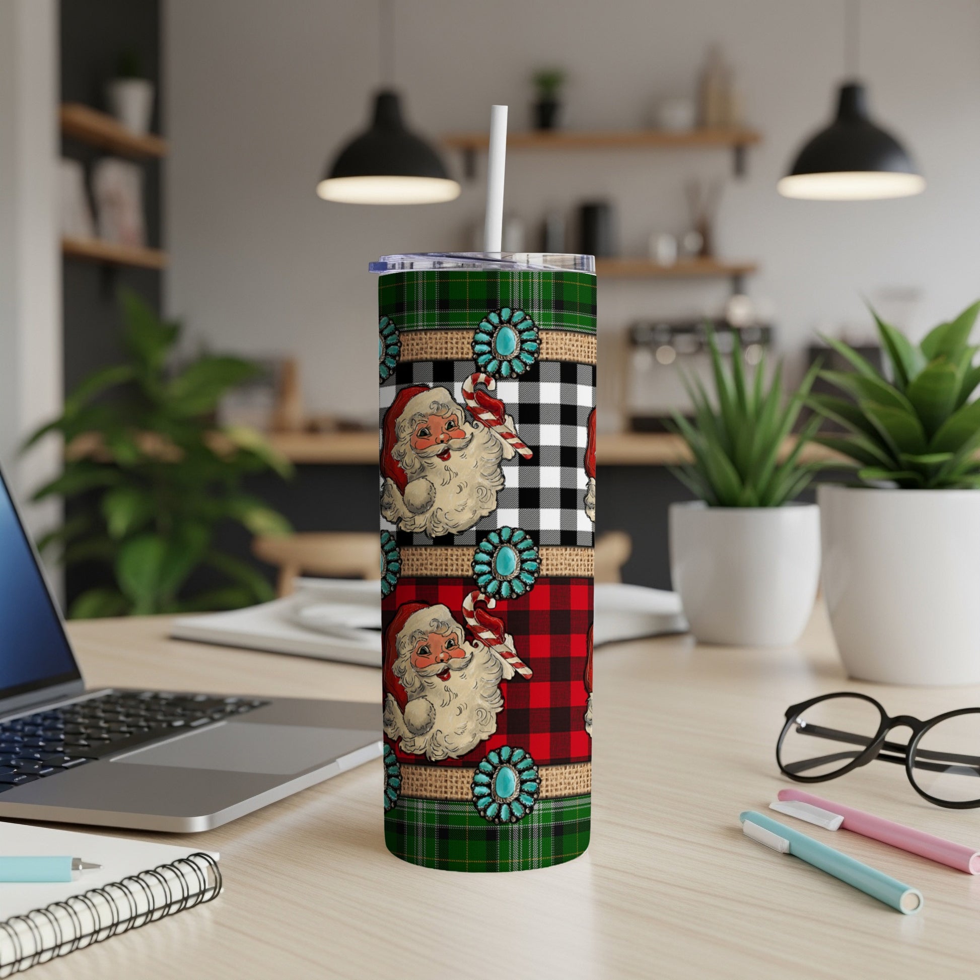 Santa Claus and buffalo plaid pattern on a white tumbler.