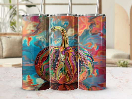 Colorful abstract patterned tumbler with a pumpkin design.