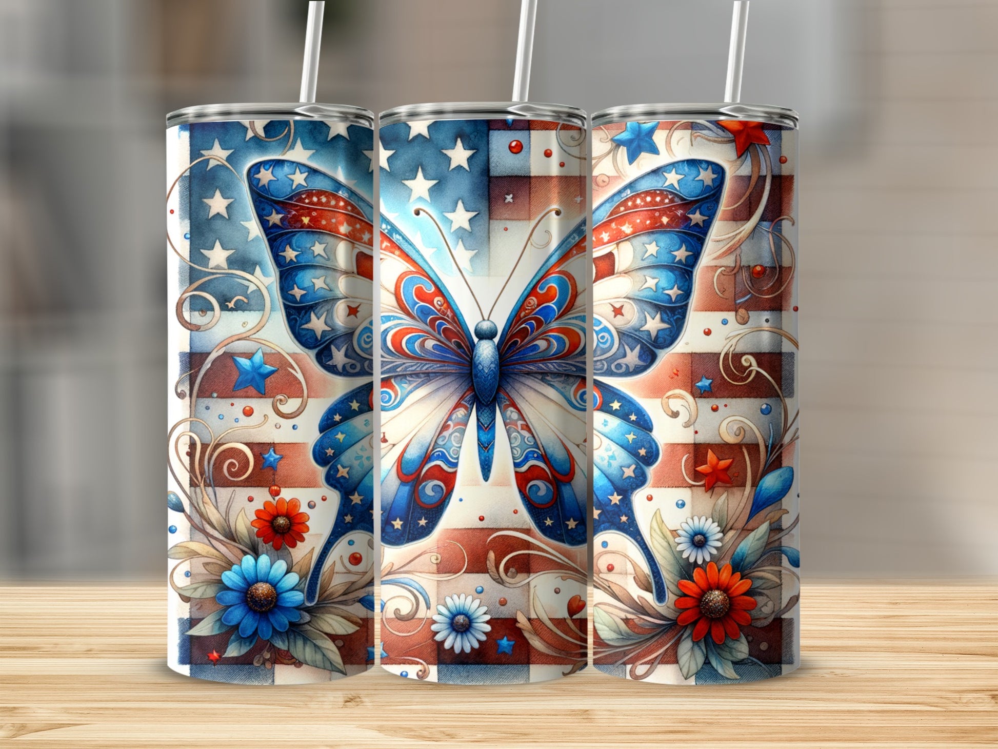 Tall tumbler with patriotic butterfly and floral design.