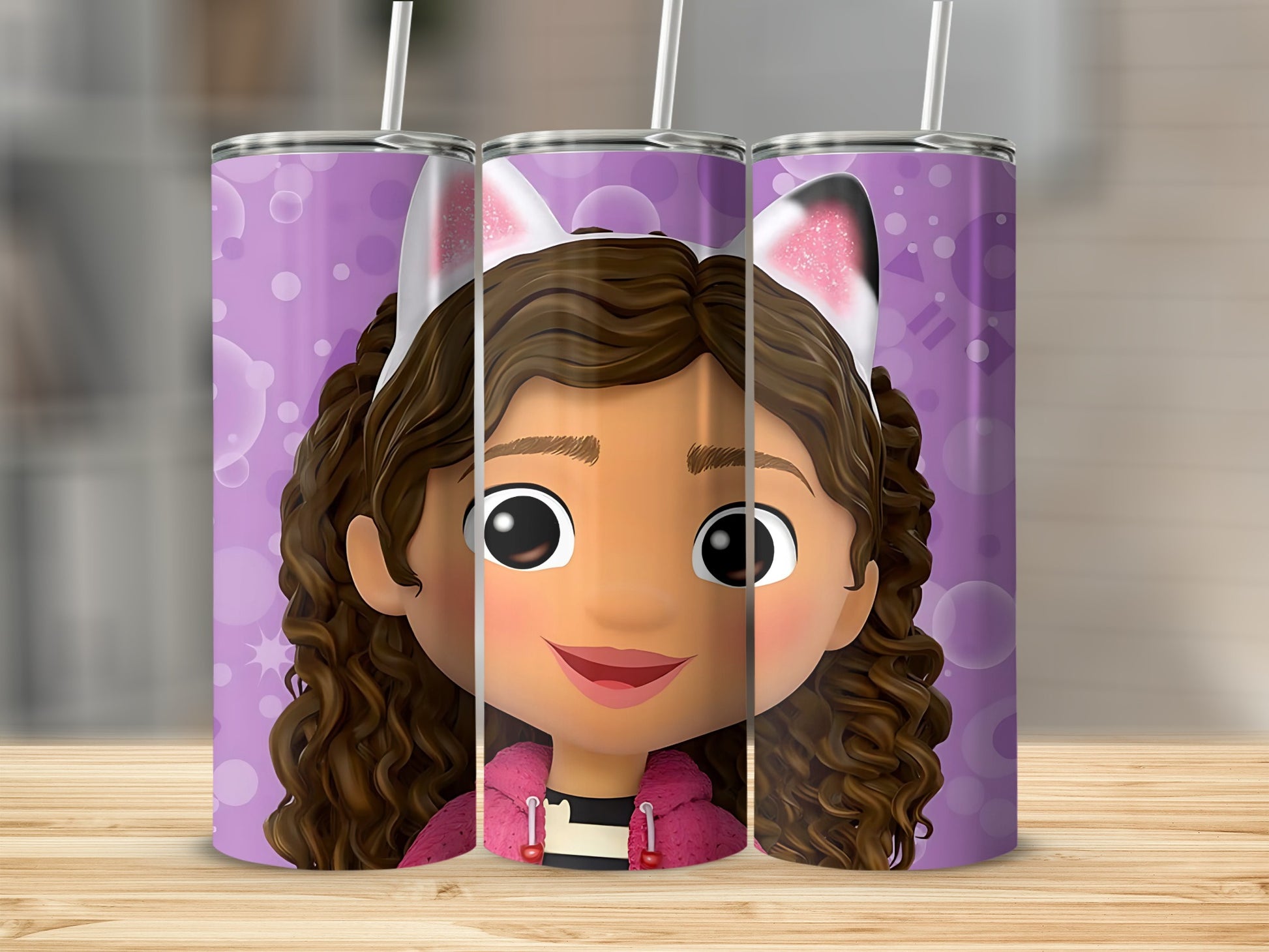 Cute Cartoon Girl with Cat Ears Purple Background Tumbler