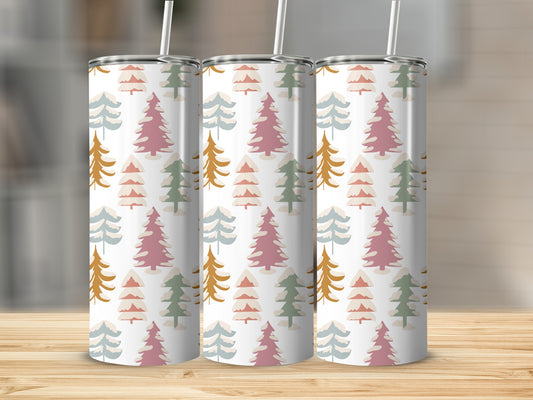 Three tall tumblers with a festive Christmas tree pattern.