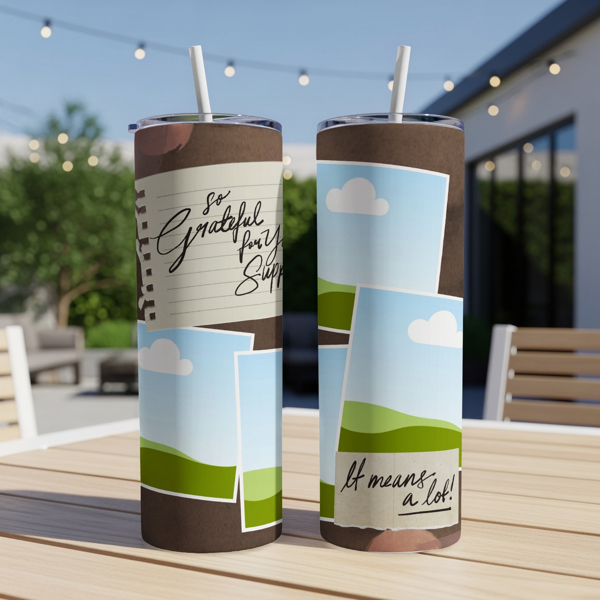 Two tumblers with "So grateful for your support" and "It means a lot!" text.