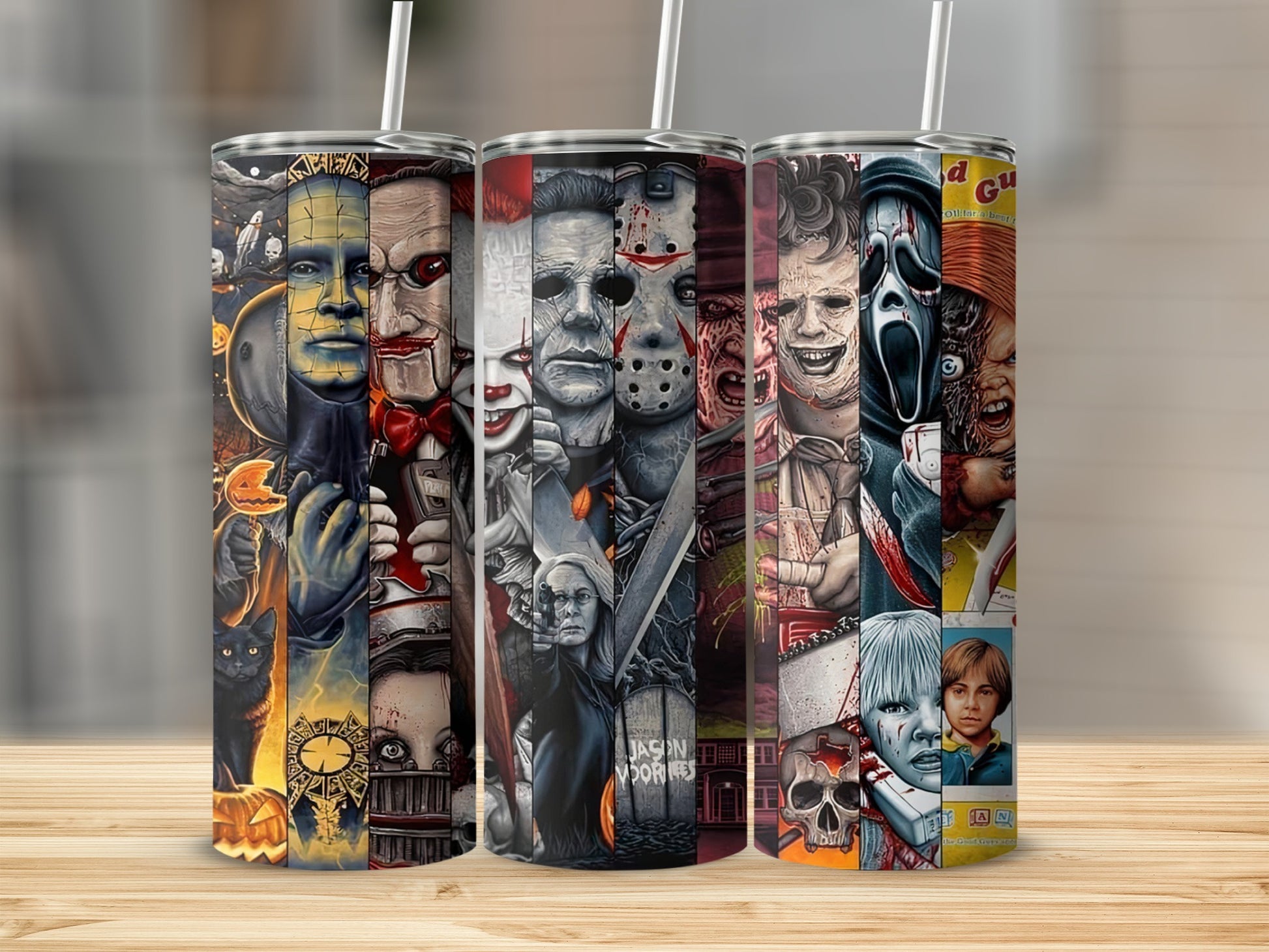 Tumbler with collage of horror movie characters including Frankenstein, Pennywise, Michael Myers, Ghostface, and Chucky.