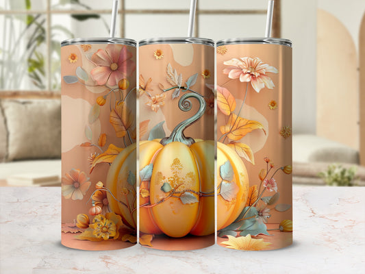 Three tumblers featuring a pumpkin and floral fall design.
