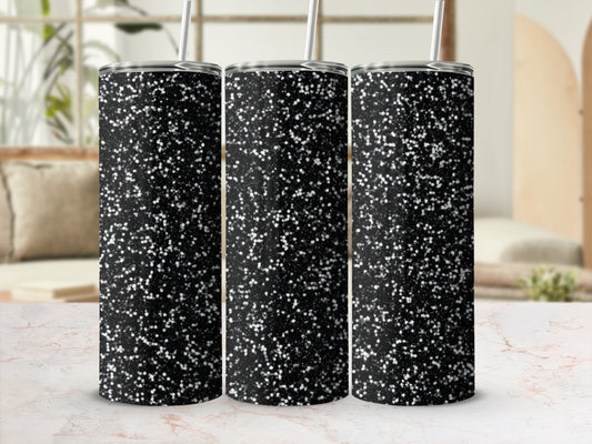 Black tumbler with white glitter overlay, showing three side by side.