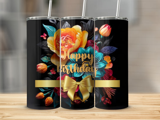 Black tumbler with "Happy Birthday" and floral design with gold ribbon.