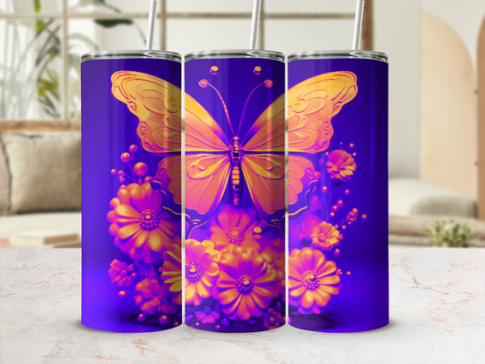 Purple tumbler with gold butterfly and floral design.