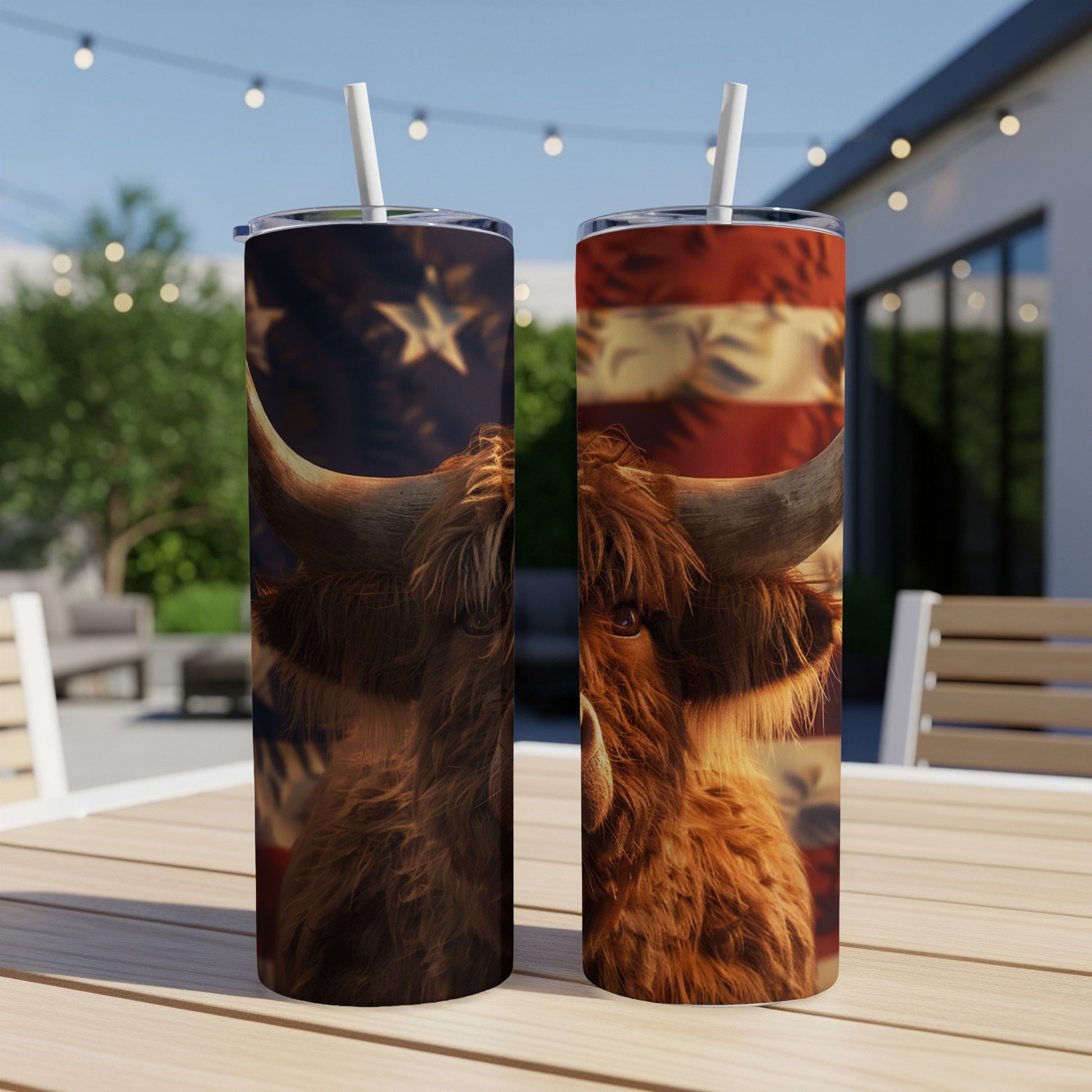 Highland cow graphic on a USA flag tumbler.
