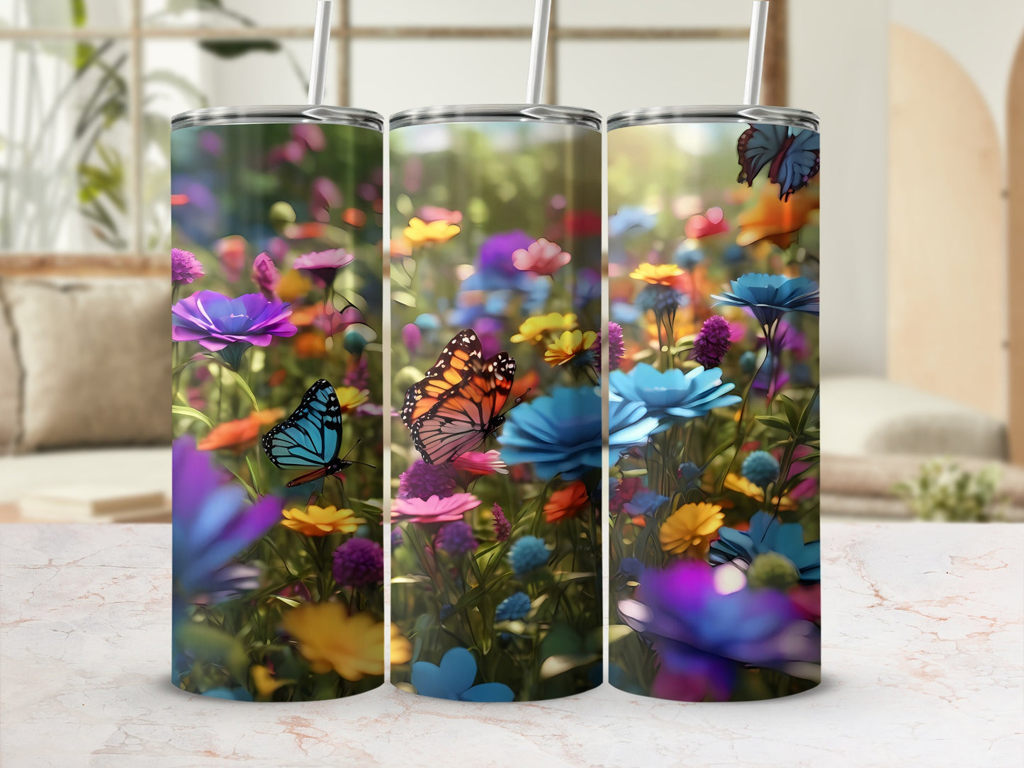 Vibrant Colorful Butterflies Flowers Garden Tumbler